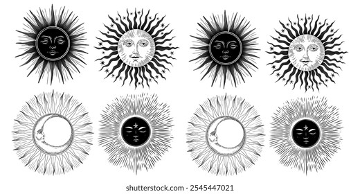 Vector illustration set of moon phases. Different stages of moonlight activity in vintage engraving style. Zodiac Signs