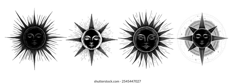 Vector illustration set of moon phases. Different stages of moonlight activity in vintage engraving style. Zodiac Signs