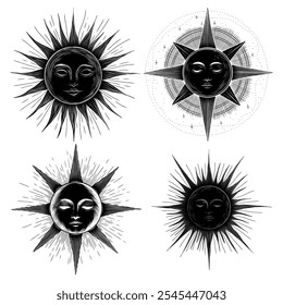 Conjunto de ilustrações vetoriais das fases da lua. Diferentes estágios de atividade luar no estilo de gravura vintage. Sinais do Zodíaco