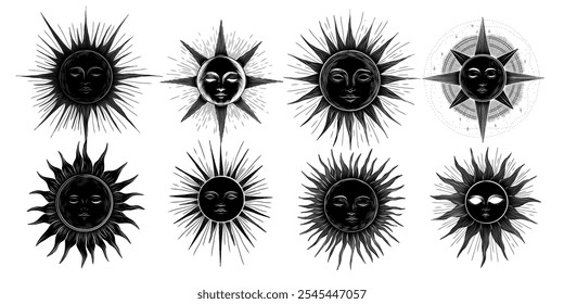 Vector illustration set of moon phases. Different stages of moonlight activity in vintage engraving style. Zodiac Signs