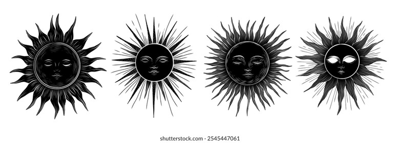 Vector illustration set of moon phases. Different stages of moonlight activity in vintage engraving style. Zodiac Signs