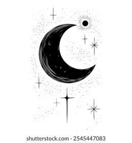 Vector illustration set of moon phases. Different stages of moonlight activity in vintage engraving style. Zodiac Signs