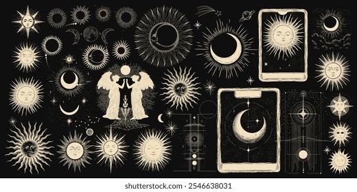 Vector illustration set of moon phases. Different stages of moonlight activity in vintage engraving style. Zodiac Signs	
