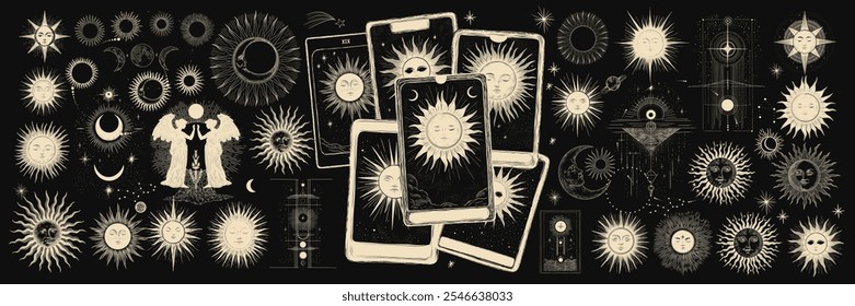 Vector illustration set of moon phases. Different stages of moonlight activity in vintage engraving style. Zodiac Signs	
