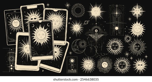 Vector illustration set of moon phases. Different stages of moonlight activity in vintage engraving style. Zodiac Signs	
