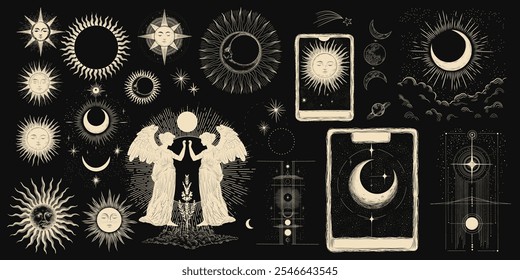 Vector illustration set of moon phases. Different stages of moonlight activity in vintage engraving style. Zodiac Signs	
