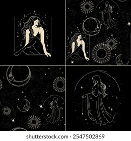 Vector illustration set of moon phases. Different stages of moonlight activity in vintage engraving style. Zodiac Signs	