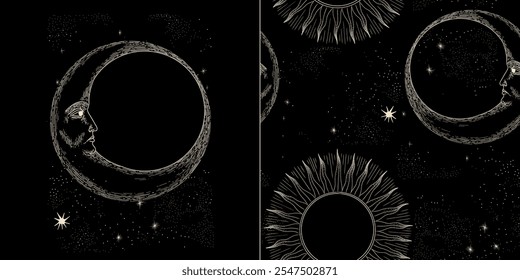 Vector illustration set of moon phases. Different stages of moonlight activity in vintage engraving style. Zodiac Signs	