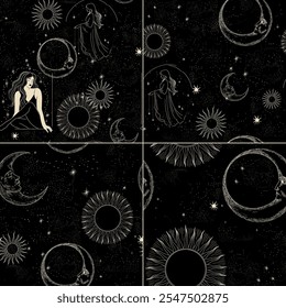 Vector illustration set of moon phases. Different stages of moonlight activity in vintage engraving style. Zodiac Signs	