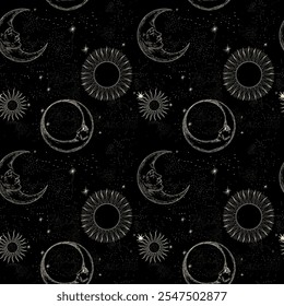 Vector illustration set of moon phases. Different stages of moonlight activity in vintage engraving style. Zodiac Signs	