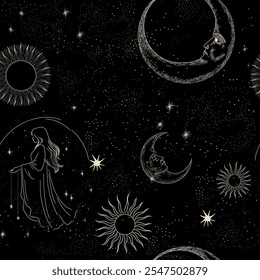 Vector illustration set of moon phases. Different stages of moonlight activity in vintage engraving style. Zodiac Signs	