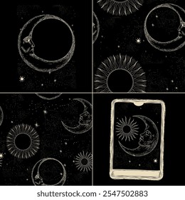 Vector illustration set of moon phases. Different stages of moonlight activity in vintage engraving style. Zodiac Signs	