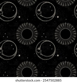 Vector illustration set of moon phases. Different stages of moonlight activity in vintage engraving style. Zodiac Signs	