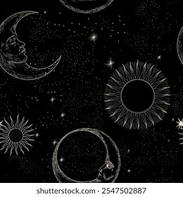 Vector illustration set of moon phases. Different stages of moonlight activity in vintage engraving style. Zodiac Signs	