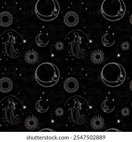 Vector illustration set of moon phases. Different stages of moonlight activity in vintage engraving style. Zodiac Signs	