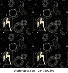 Vector illustration set of moon phases. Different stages of moonlight activity in vintage engraving style. Zodiac Signs	