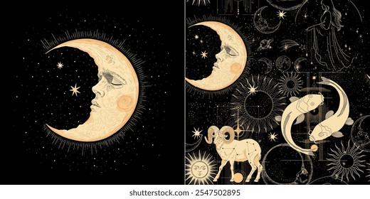 Conjunto de ilustrações vetoriais das fases da lua. Diferentes estágios de atividade luar no estilo de gravura vintage. Sinais do Zodíaco	