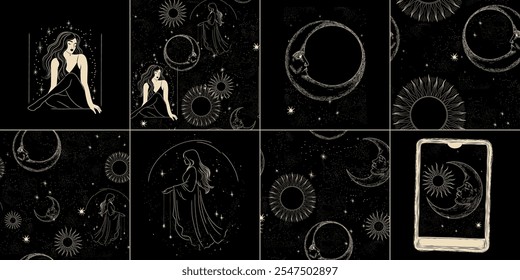 Vector illustration set of moon phases. Different stages of moonlight activity in vintage engraving style. Zodiac Signs	