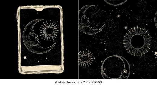 Vector illustration set of moon phases. Different stages of moonlight activity in vintage engraving style. Zodiac Signs	