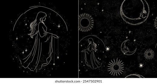 Vector illustration set of moon phases. Different stages of moonlight activity in vintage engraving style. Zodiac Signs	