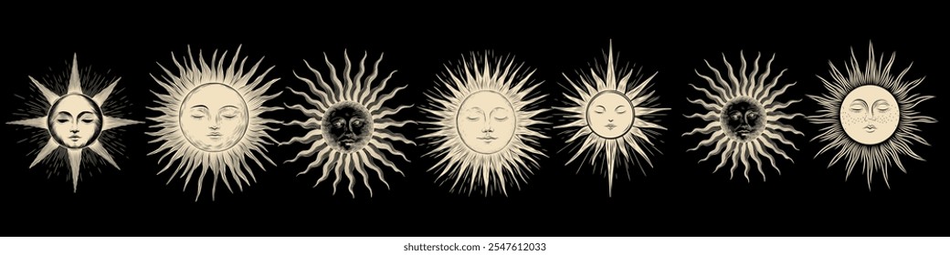 Vector illustration set of moon phases. Different stages of moonlight activity in vintage engraving style. Zodiac Signs	