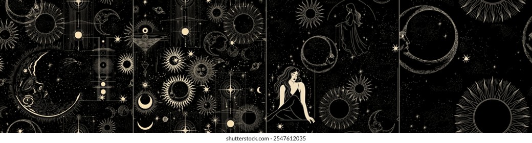 Vector illustration set of moon phases. Different stages of moonlight activity in vintage engraving style. Zodiac Signs	