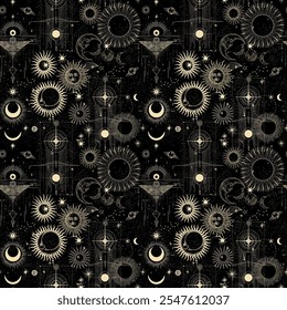 Vector illustration set of moon phases. Different stages of moonlight activity in vintage engraving style. Zodiac Signs	