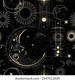 Vector illustration set of moon phases. Different stages of moonlight activity in vintage engraving style. Zodiac Signs	