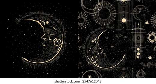 Vector illustration set of moon phases. Different stages of moonlight activity in vintage engraving style. Zodiac Signs	