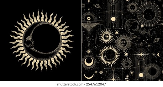 Vector illustration set of moon phases. Different stages of moonlight activity in vintage engraving style. Zodiac Signs	