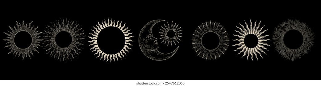 Vector illustration set of moon phases. Different stages of moonlight activity in vintage engraving style. Zodiac Signs	