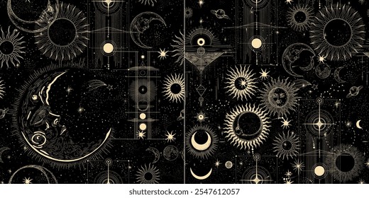 Vector illustration set of moon phases. Different stages of moonlight activity in vintage engraving style. Zodiac Signs	