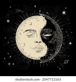 Vector illustration set of moon phases. Different stages of moonlight activity in vintage engraving style. Zodiac Signs	