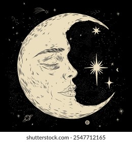 Vector illustration set of moon phases. Different stages of moonlight activity in vintage engraving style. Zodiac Signs	