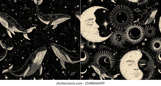 Vector illustration set of moon phases. Different stages of moonlight activity in vintage engraving style. Zodiac Signs	