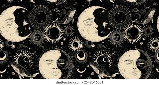 Vector illustration set of moon phases. Different stages of moonlight activity in vintage engraving style. Zodiac Signs	