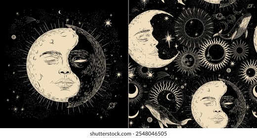 Conjunto de ilustrações vetoriais das fases da lua. Diferentes estágios de atividade luar no estilo de gravura vintage. Sinais do Zodíaco	