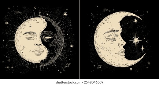 Vector illustration set of moon phases. Different stages of moonlight activity in vintage engraving style. Zodiac Signs	