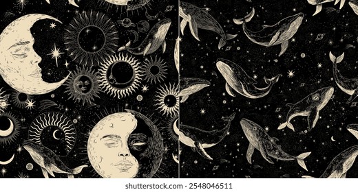 Conjunto de ilustrações vetoriais das fases da lua. Diferentes estágios de atividade luar no estilo de gravura vintage. Sinais do Zodíaco	