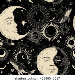 Vector illustration set of moon phases. Different stages of moonlight activity in vintage engraving style. Zodiac Signs	