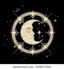 Vector illustration set of moon phases. Different stages of moonlight activity in vintage engraving style. Zodiac Signs	
