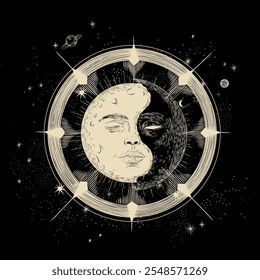 Vector illustration set of moon phases. Different stages of moonlight activity in vintage engraving style. Zodiac Signs	
