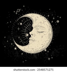 Vector illustration set of moon phases. Different stages of moonlight activity in vintage engraving style. Zodiac Signs	
