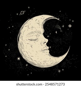 Vector illustration set of moon phases. Different stages of moonlight activity in vintage engraving style. Zodiac Signs	
