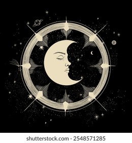 Vector illustration set of moon phases. Different stages of moonlight activity in vintage engraving style. Zodiac Signs	
