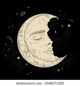 Vector illustration set of moon phases. Different stages of moonlight activity in vintage engraving style. Zodiac Signs	
