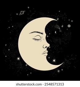 Vector illustration set of moon phases. Different stages of moonlight activity in vintage engraving style. Zodiac Signs	
