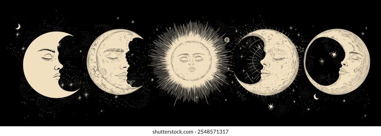 Vector illustration set of moon phases. Different stages of moonlight activity in vintage engraving style. Zodiac Signs	
