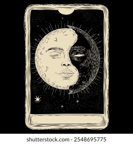 Vector illustration set of moon phases. Different stages of moonlight activity in vintage engraving style. Zodiac Signs	