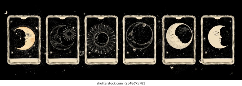 Vector illustration set of moon phases. Different stages of moonlight activity in vintage engraving style. Zodiac Signs	